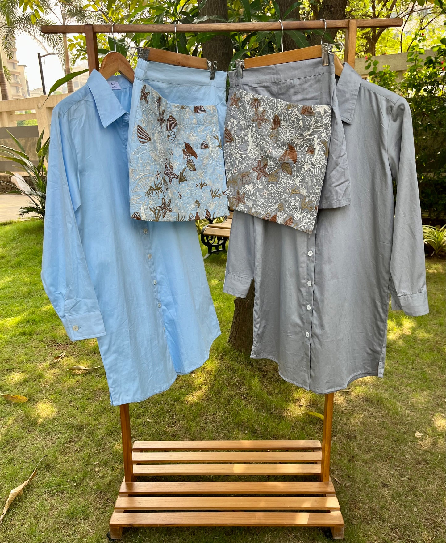 Shirt Dress & Skirt with ocean inspired embroidered flap