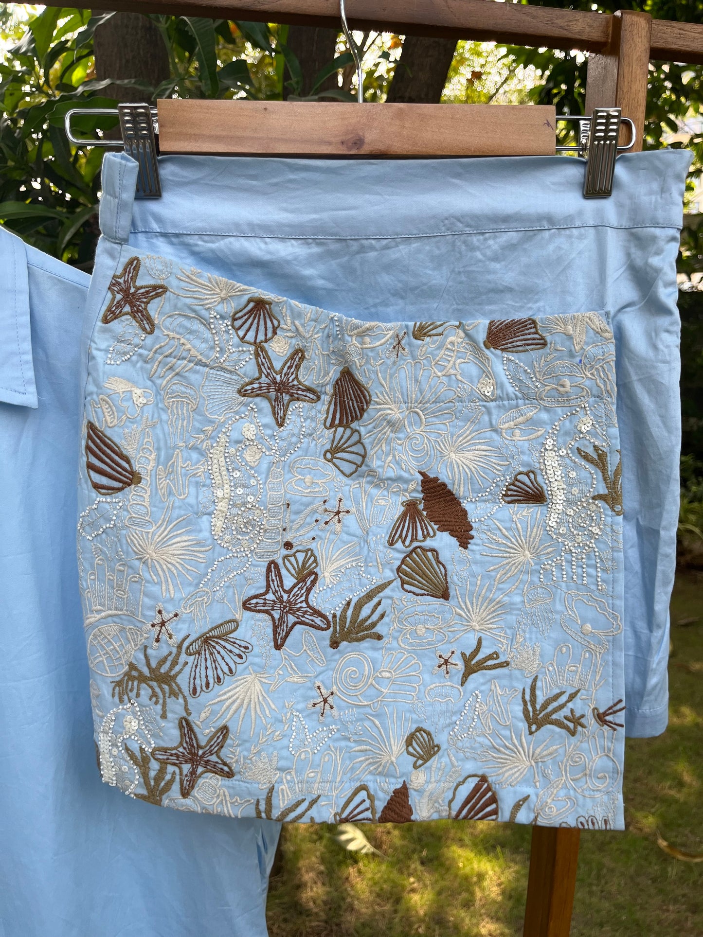 Shirt Dress & Skirt with ocean inspired embroidered flap