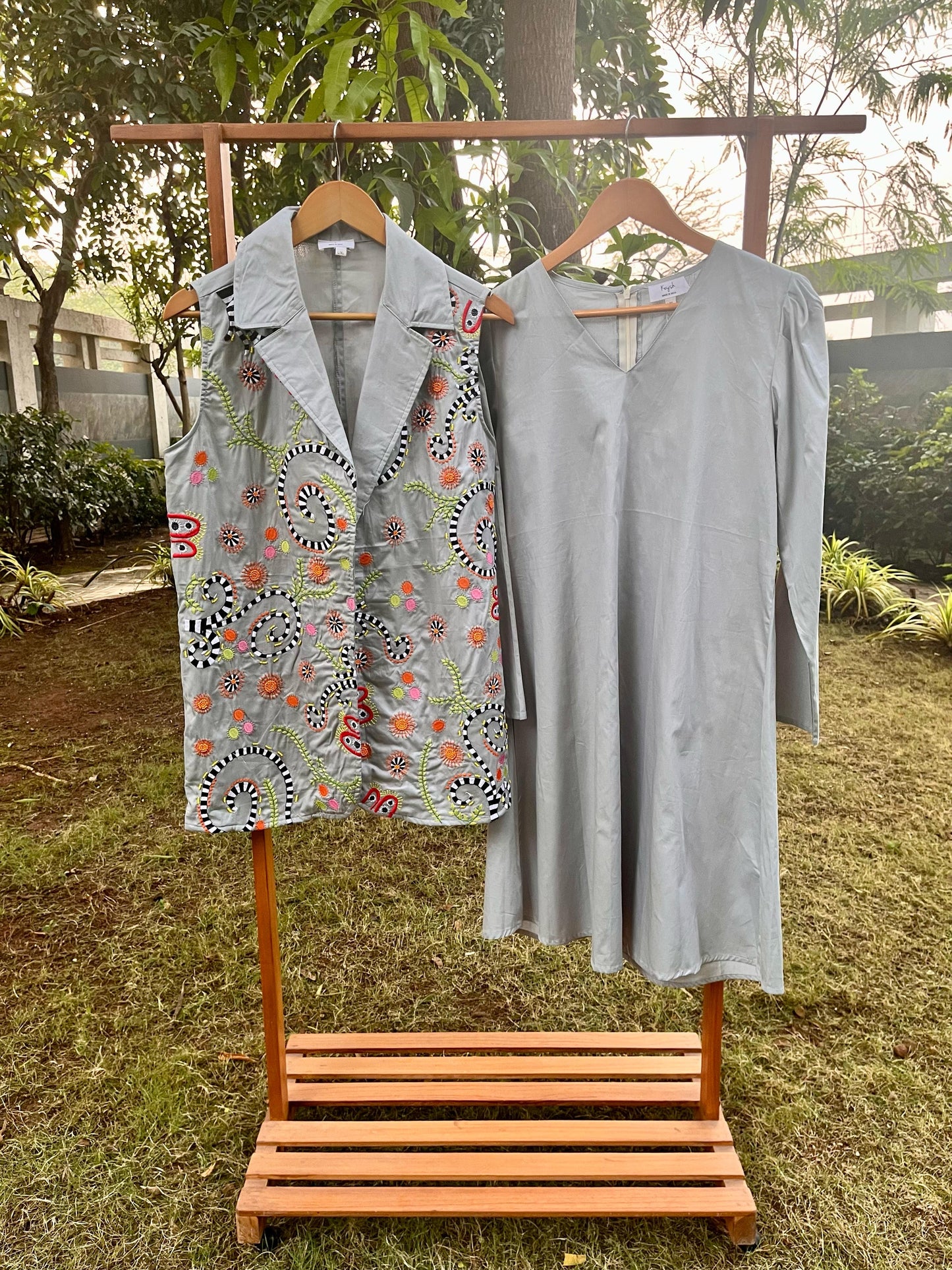 Grey Abstarct Blazer Dress Set