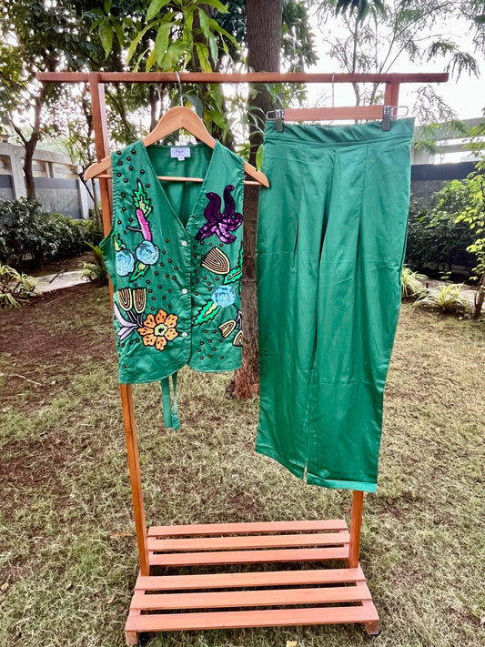 Green Sequin Waist Coat and Pleated Pants